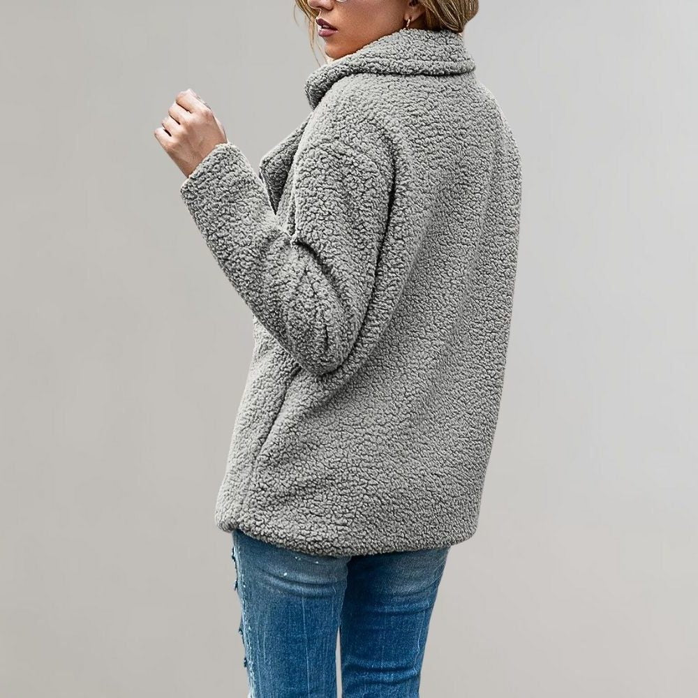 Women's light gray relaxed teddy blazer jacket, back view
