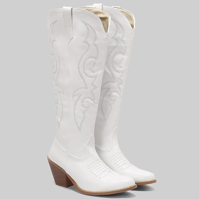 Women's white embroidered western knee-high boots