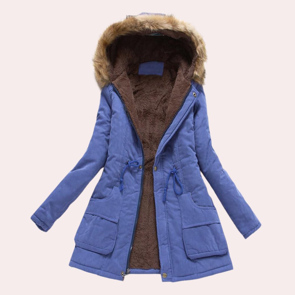 Women's faux-fur-trim hooded fleece-lined parka in blue