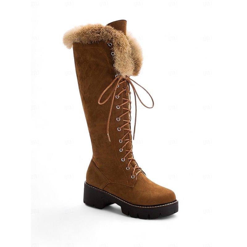 Women's camel knee-high platform boot front view