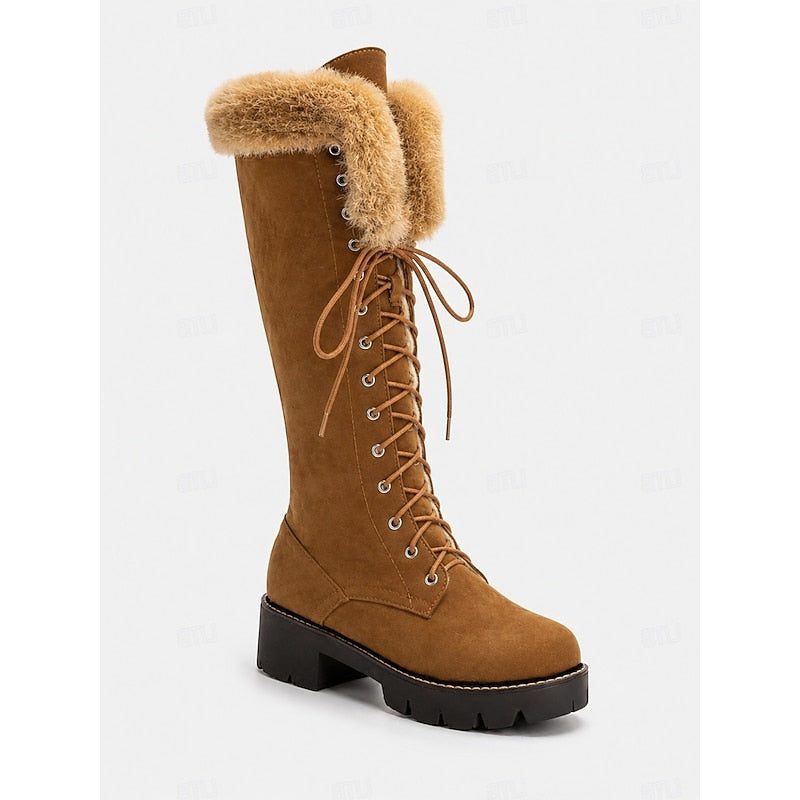 Women's camel knee-high platform boot side view