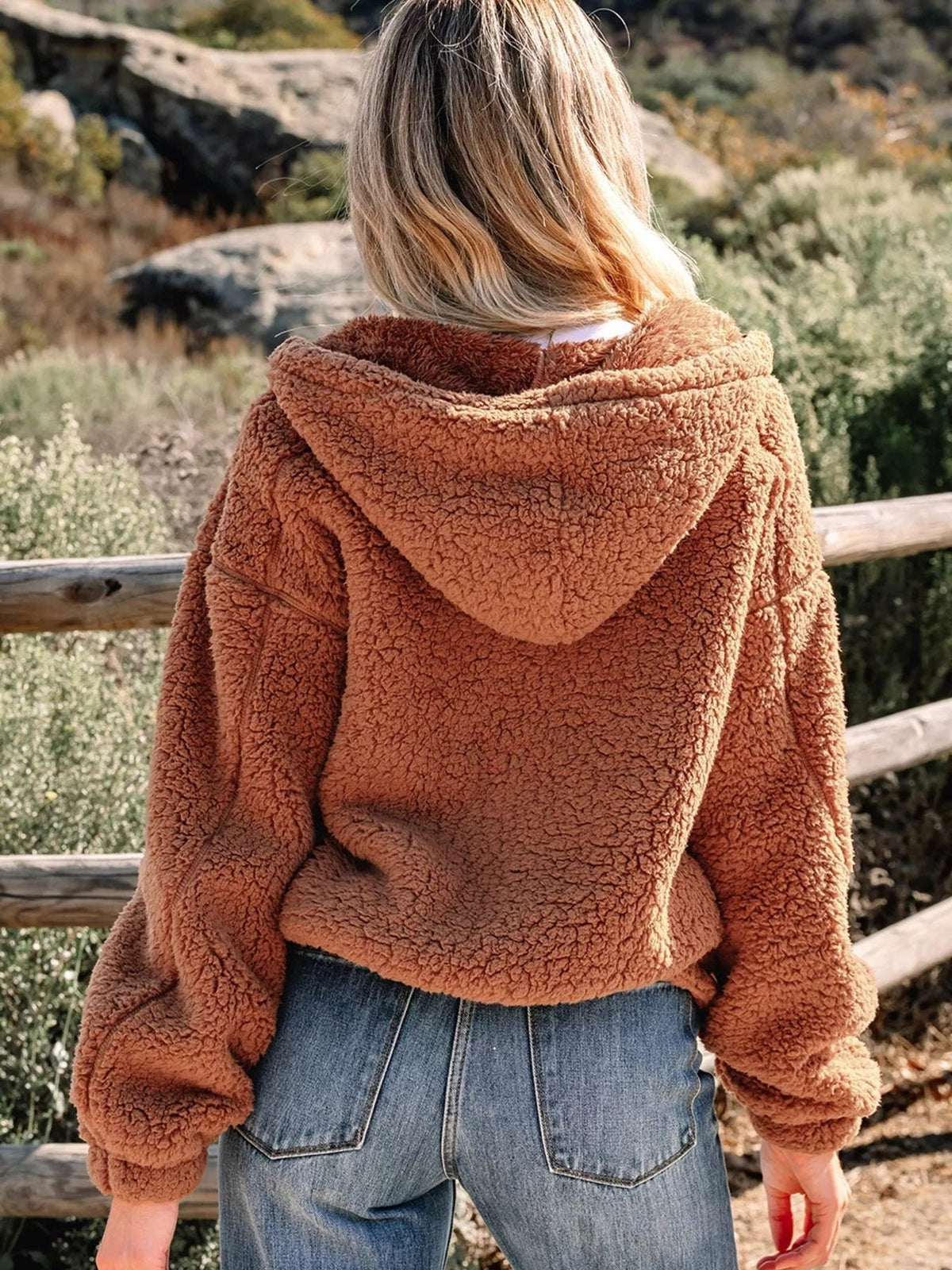 Women's brown oversized hooded teddy zip-up jacket, back view