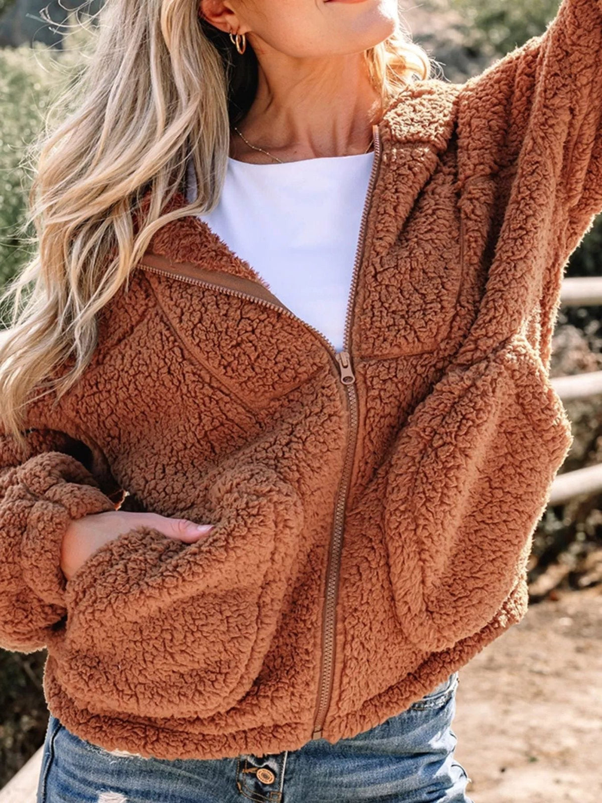 Women's brown oversized hooded teddy zip-up jacket with front pockets