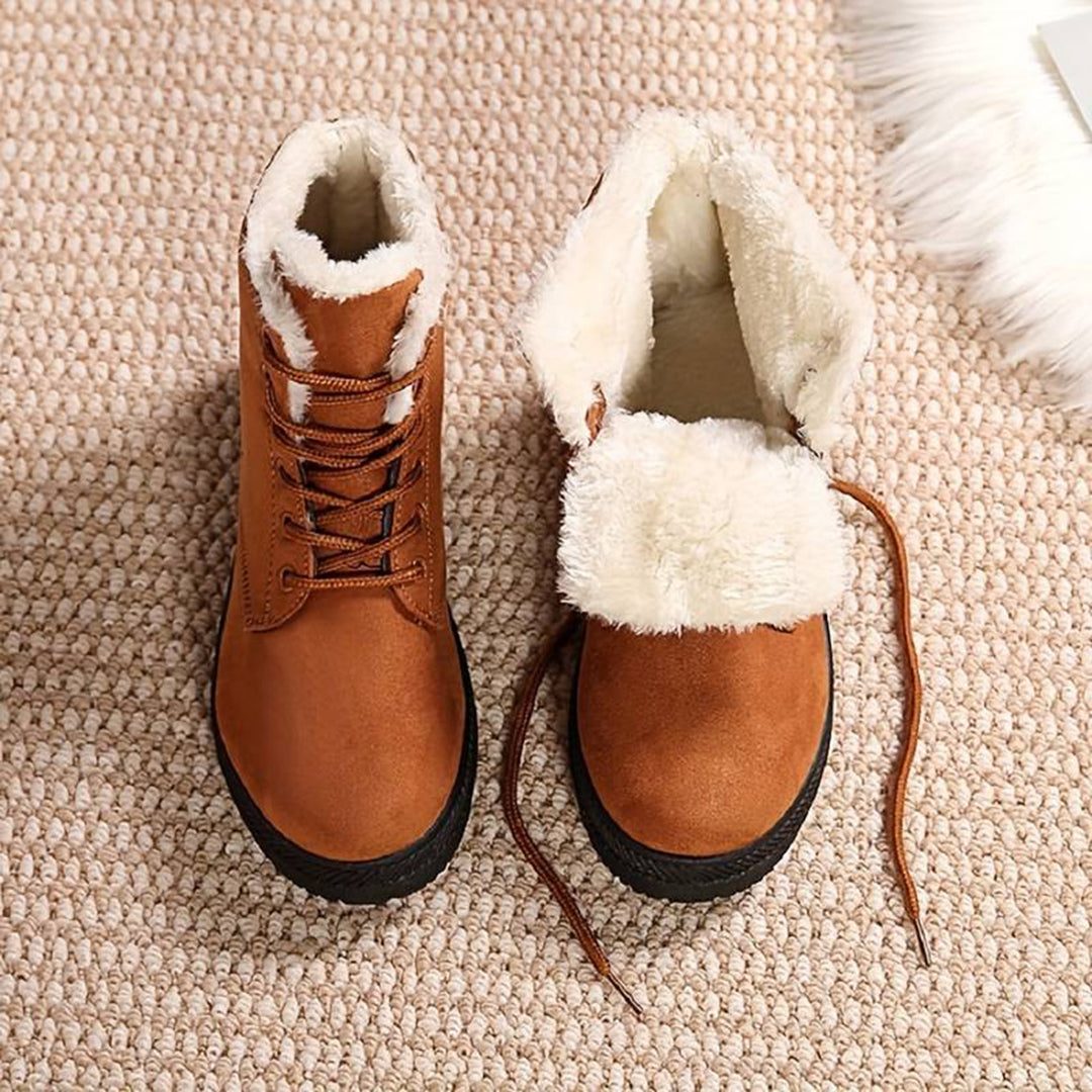 Women's plush-lined lace-up ankle boots in light brown