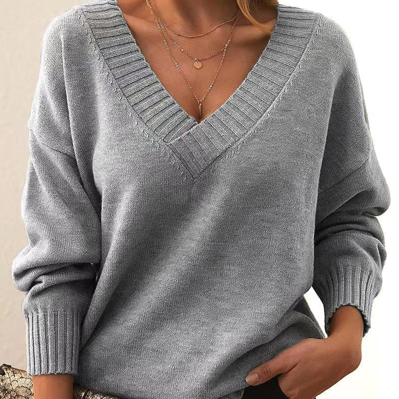 Women's gray relaxed V-neck sweater