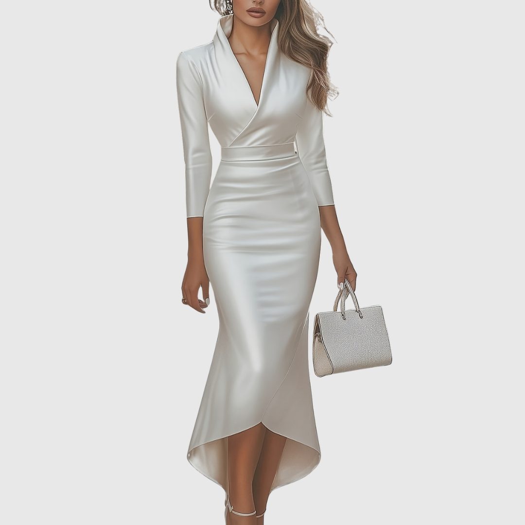 Women's V-neck high-low evening dress white
