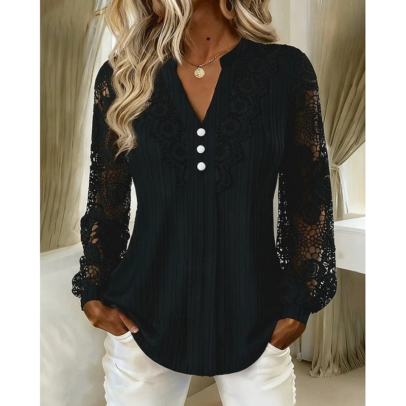 Women's V-Neck Lace-Detail Long-Sleeve Blouse