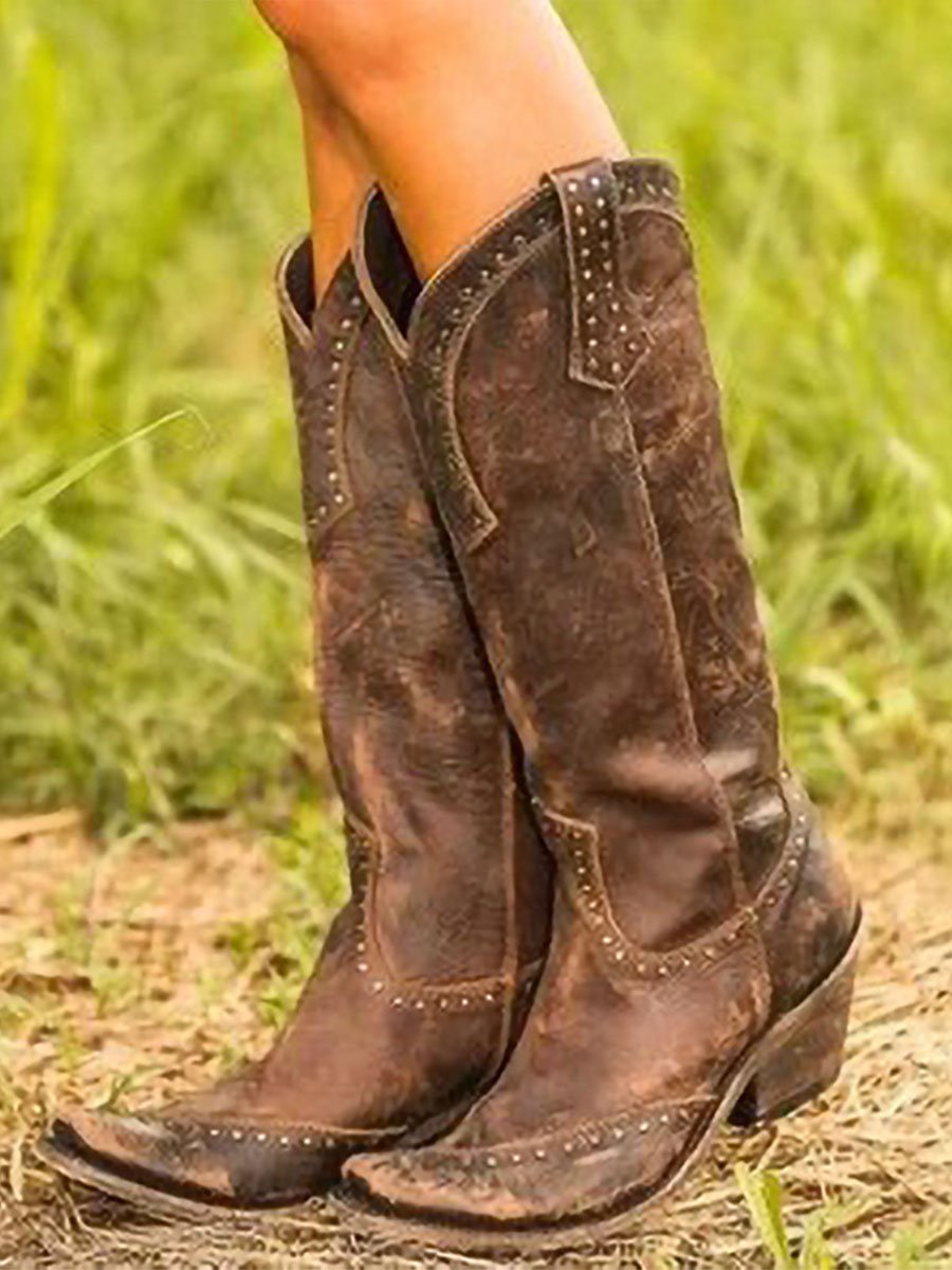 Joan | Women's Tall Cowboy Boots with Stitched Shaft, Pointed Toe and Stacked Heel