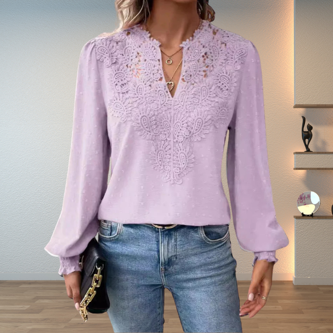 Women's V-Neck Lace-Trim Long-Sleeve Blouse