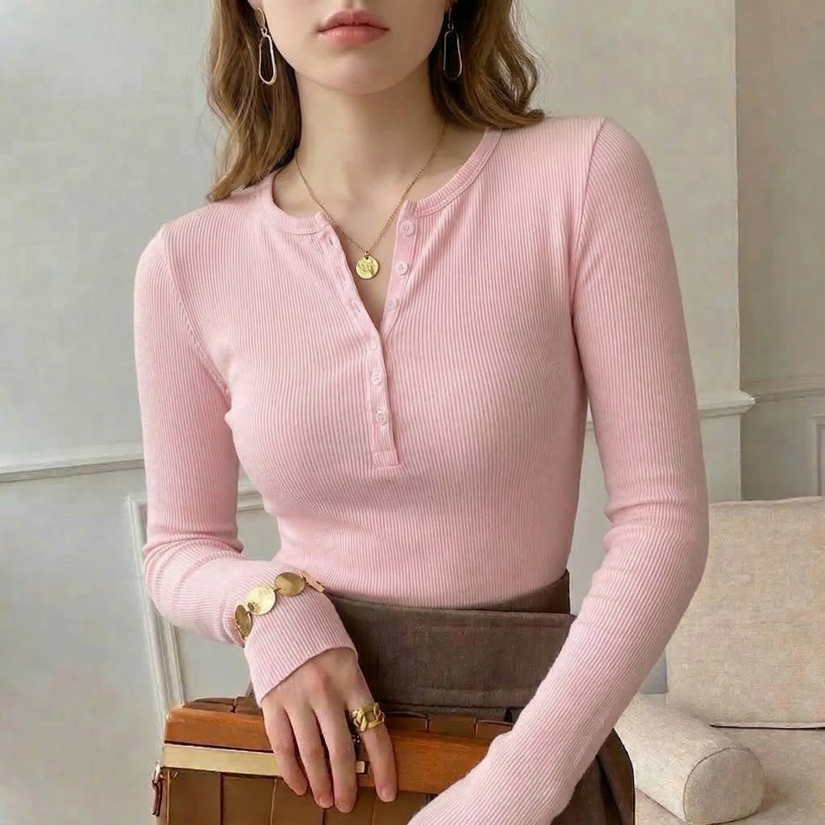 Fiona | Women's Ribbed Button-Front Henley Top