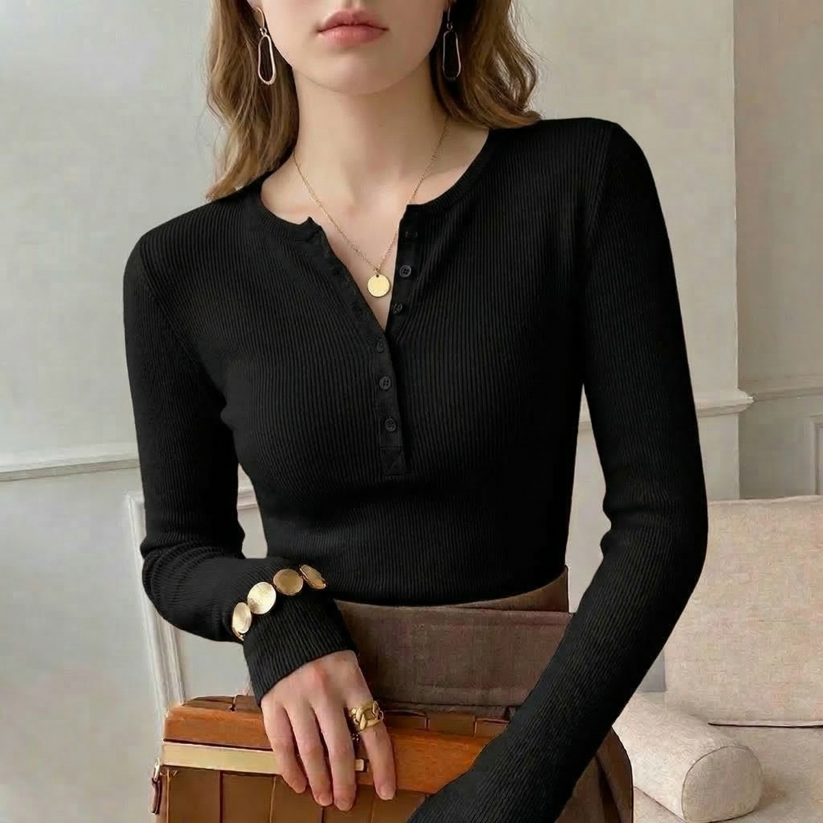 Fiona | Women's Ribbed Button-Front Henley Top