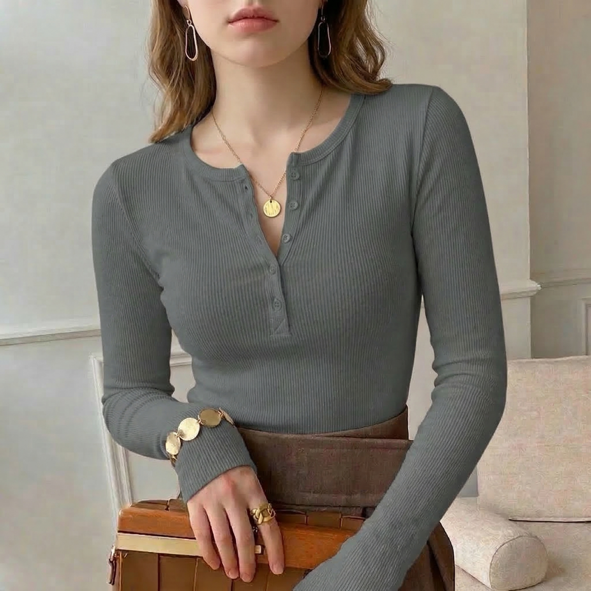 Fiona | Women's Ribbed Button-Front Henley Top