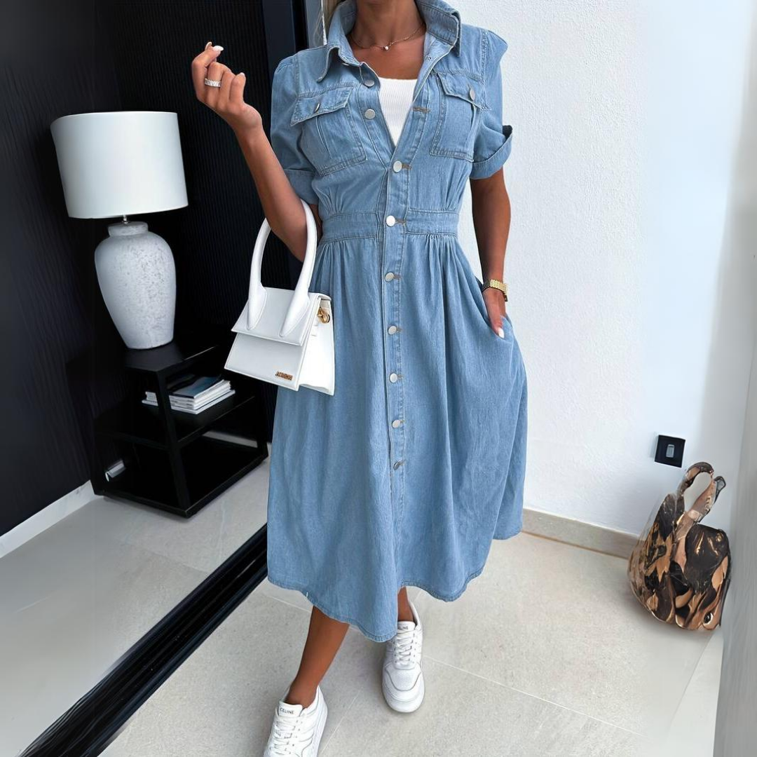 Women's Denim Button Up Midi Dress Short Sleeve
