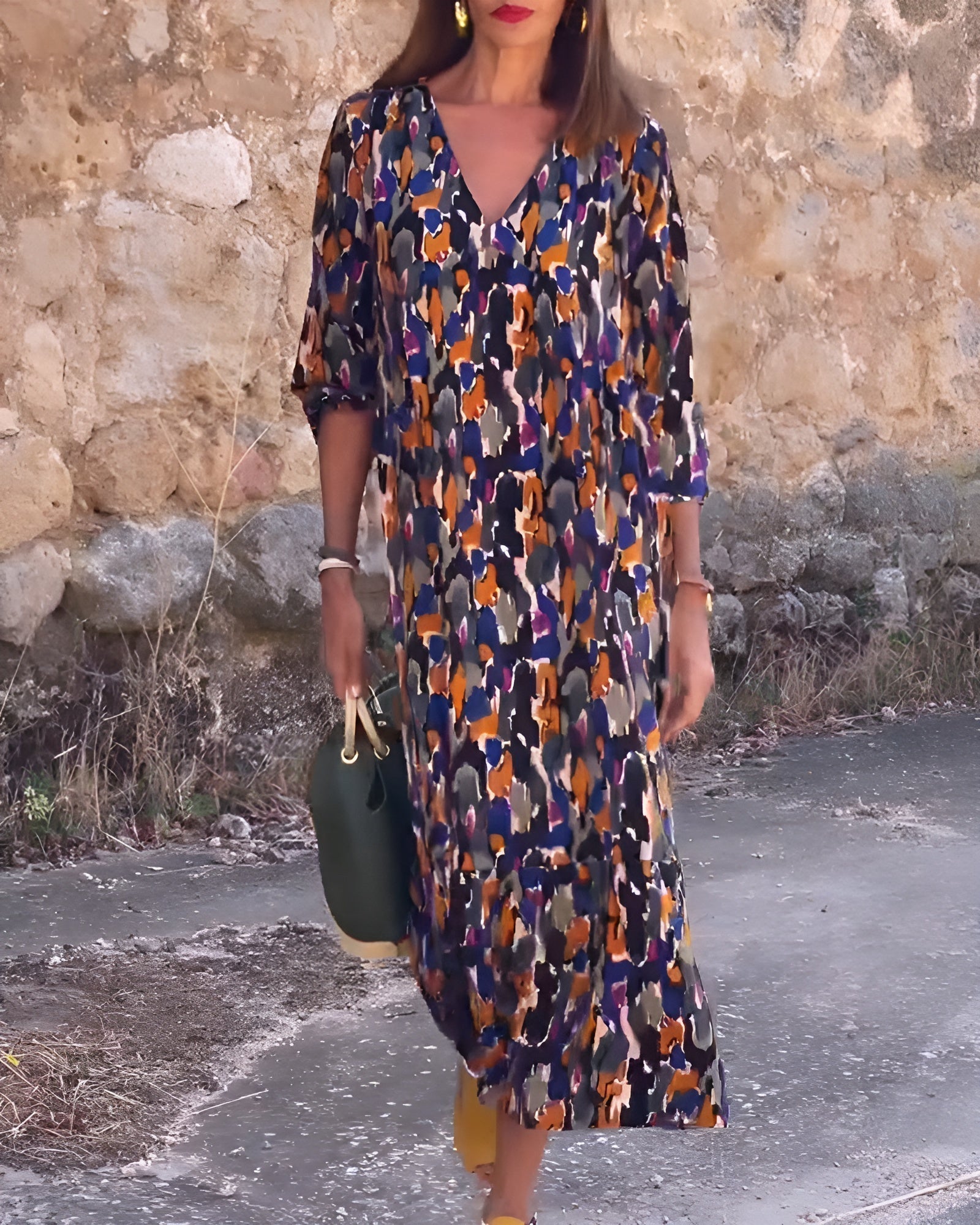 Women's V Neck Ruched Fit Flowy Printed Dress