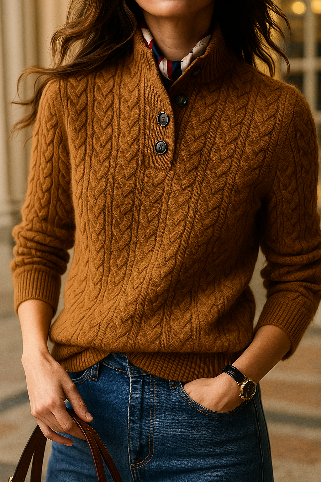 Pamela | Women's Cable Knit Mock Neck Sweater with Button Placket and Long Sleeves