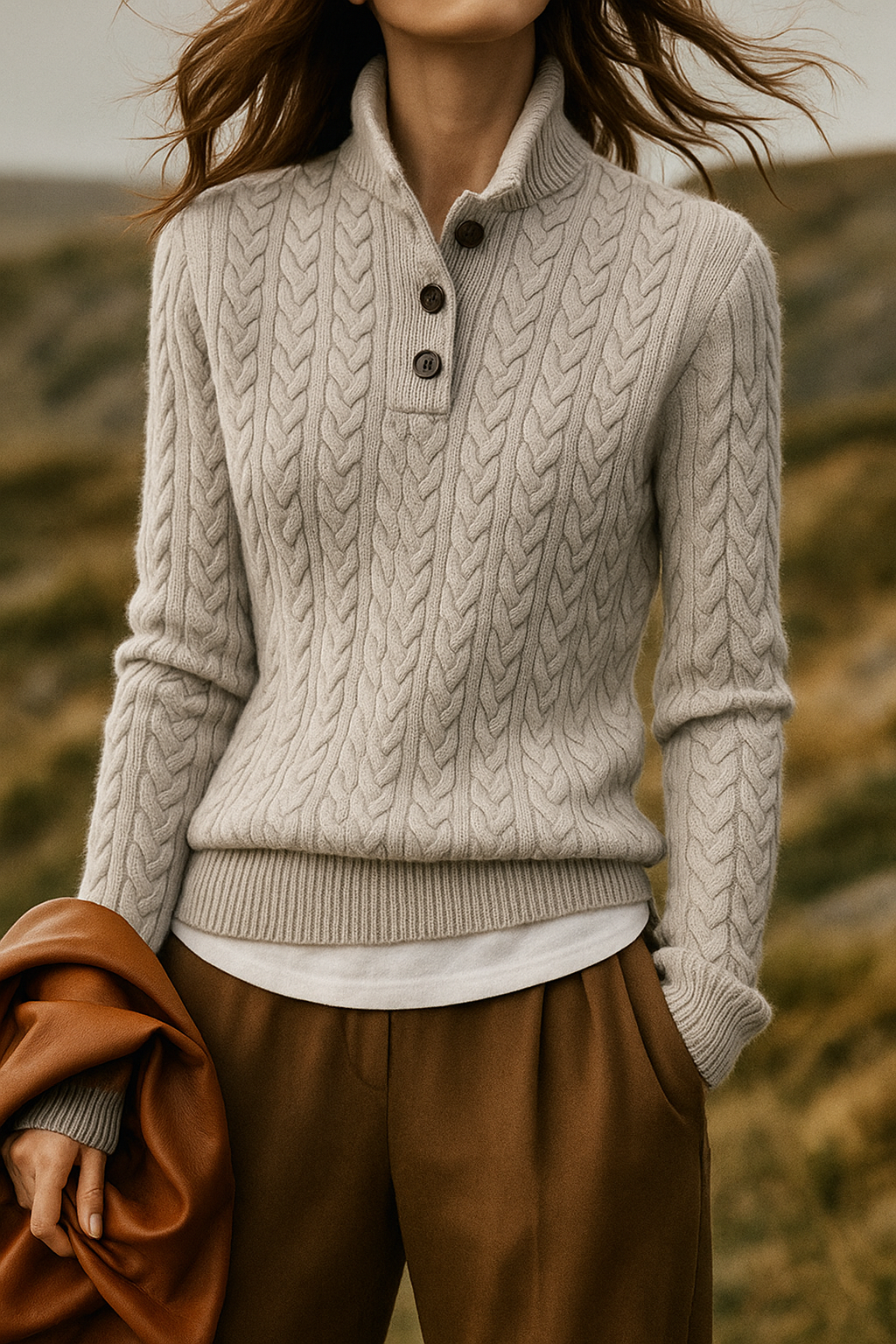 Pamela | Women's Cable Knit Mock Neck Sweater with Button Placket and Long Sleeves