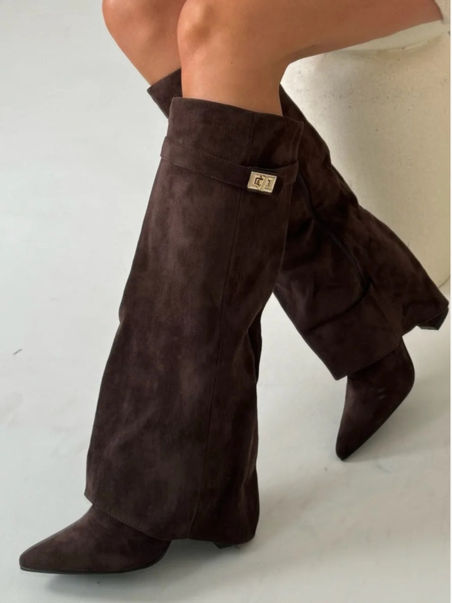 Adelaide | Women's Fold-Over Pointed-Toe Gold-Detail Boots