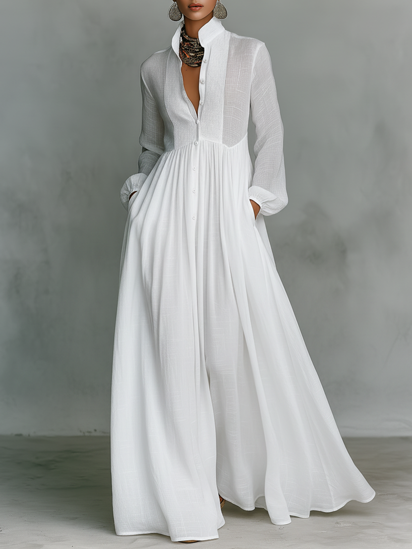 Linnea | Cotton Linen Patchwork Stand Collar Maxi Dress