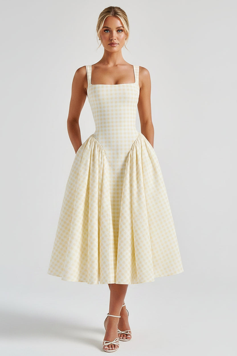 Noémie | Pink Gingham Square Neck Midi Dress