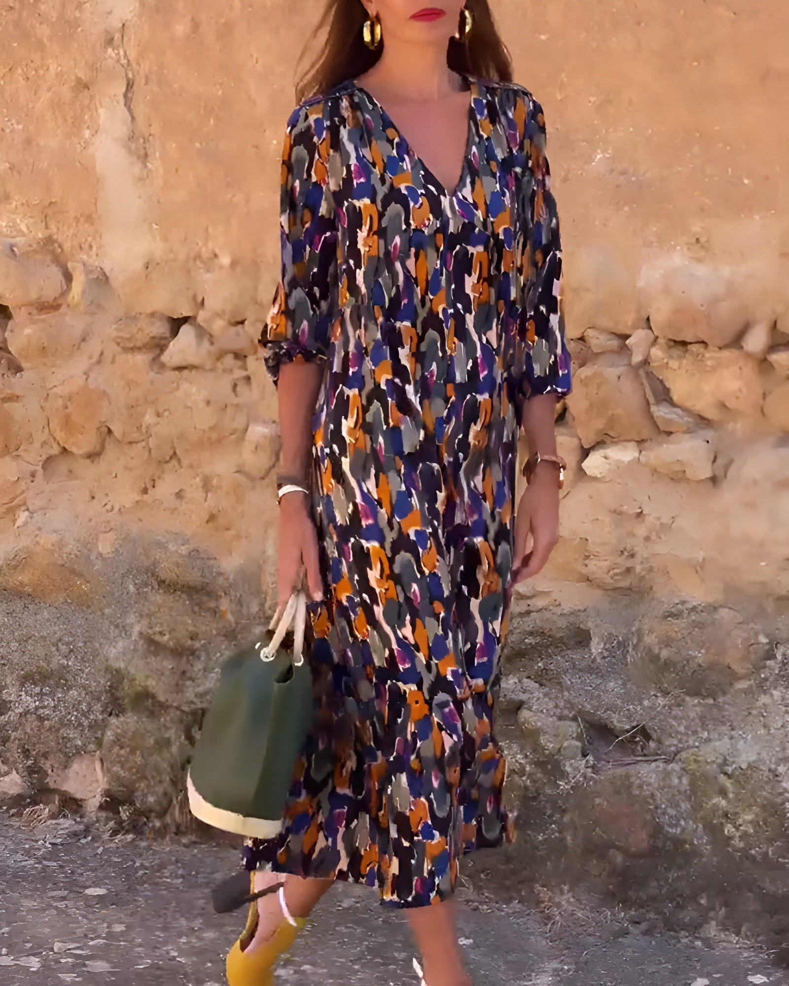Women's V Neck Ruched Fit Flowy Printed Dress