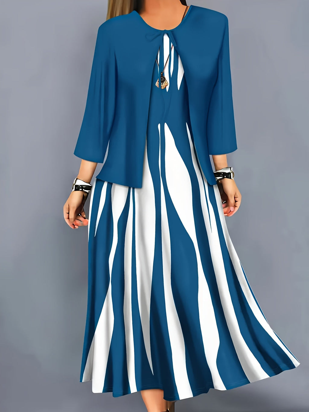 Women's Flowing Midi Dress and Open Jacket Set