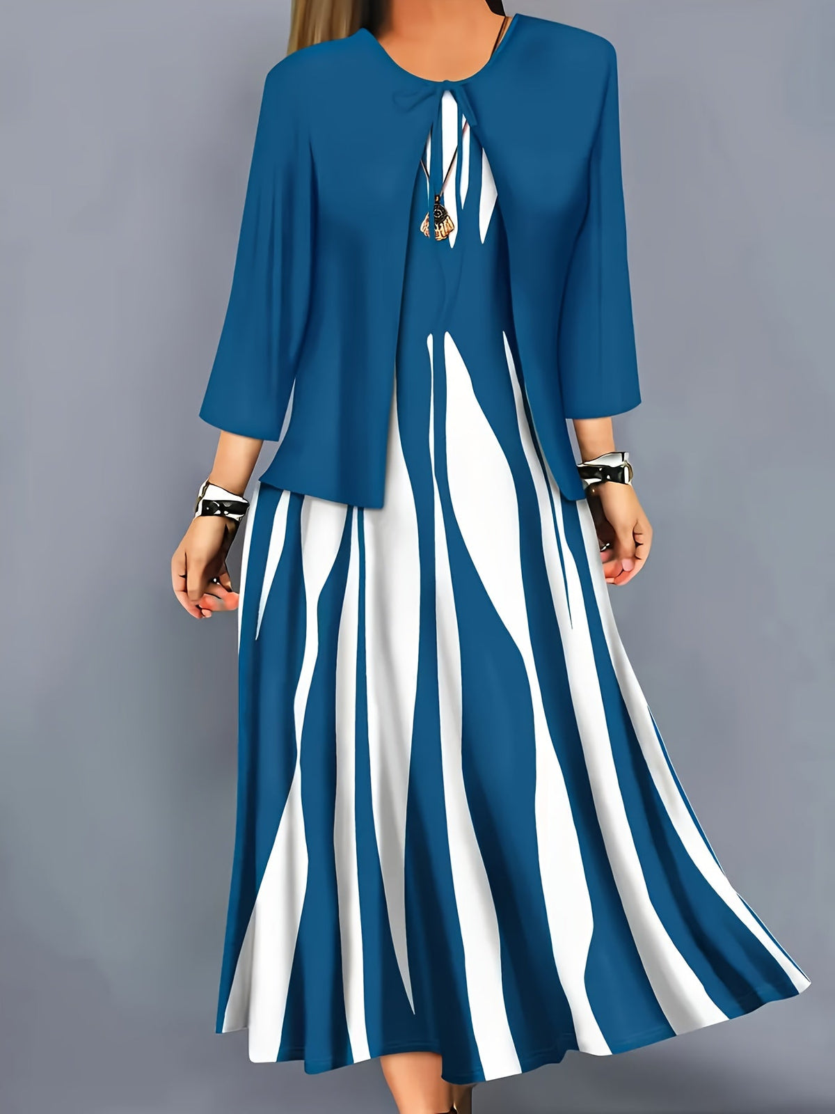 Women's Flowing Midi Dress and Open Jacket Set