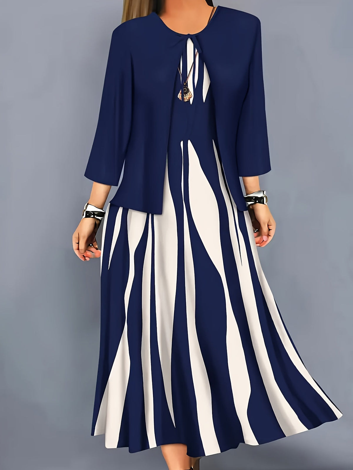 Women's Flowing Midi Dress and Open Jacket Set