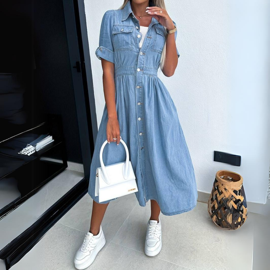 Women's Denim Button Up Midi Dress Short Sleeve