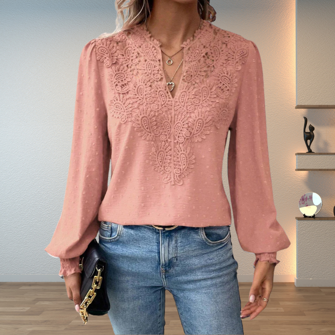 Women's V-Neck Lace-Trim Long-Sleeve Blouse
