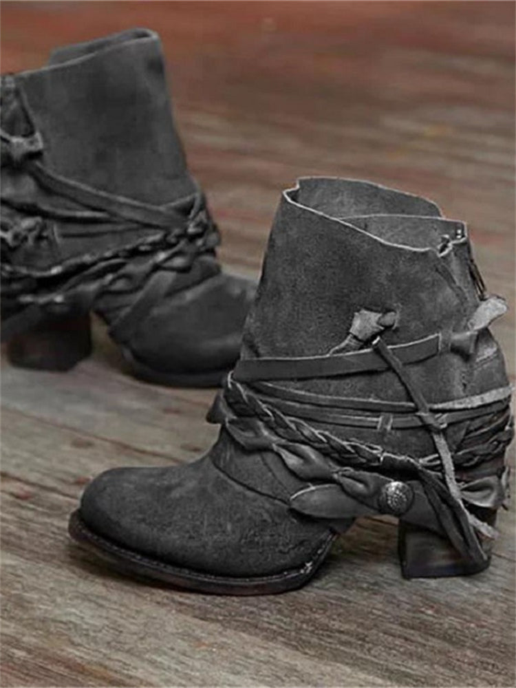 Beverly | Women's Western-Style Lace-Up Ankle Boots with Braided Wrap Detail and Block Heel
