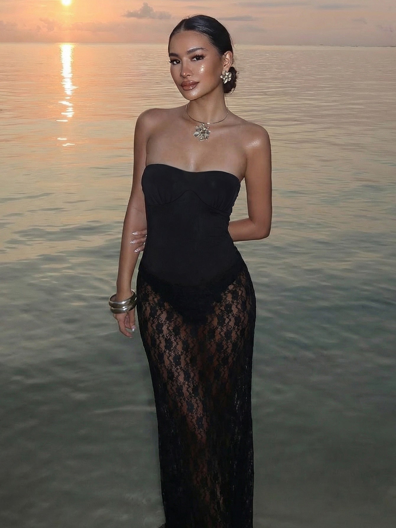 Isolde | Black Lace Illusion Strapless Maxi Dress
