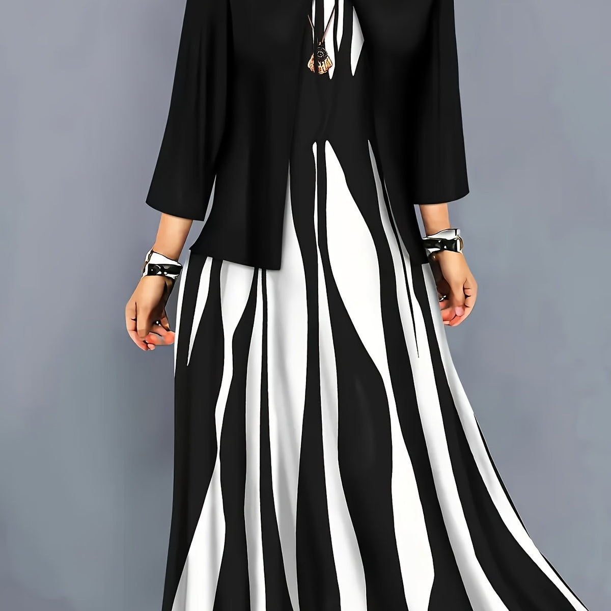 Women's Flowing Midi Dress and Open Jacket Set