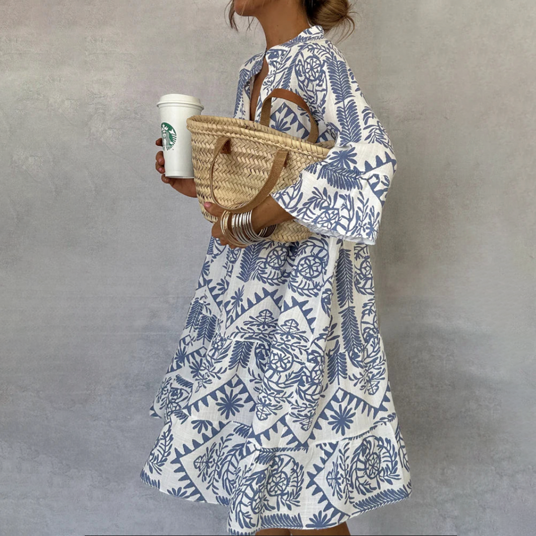 Women's Boho Print V Neck 3/4 Sleeve Swing Dress