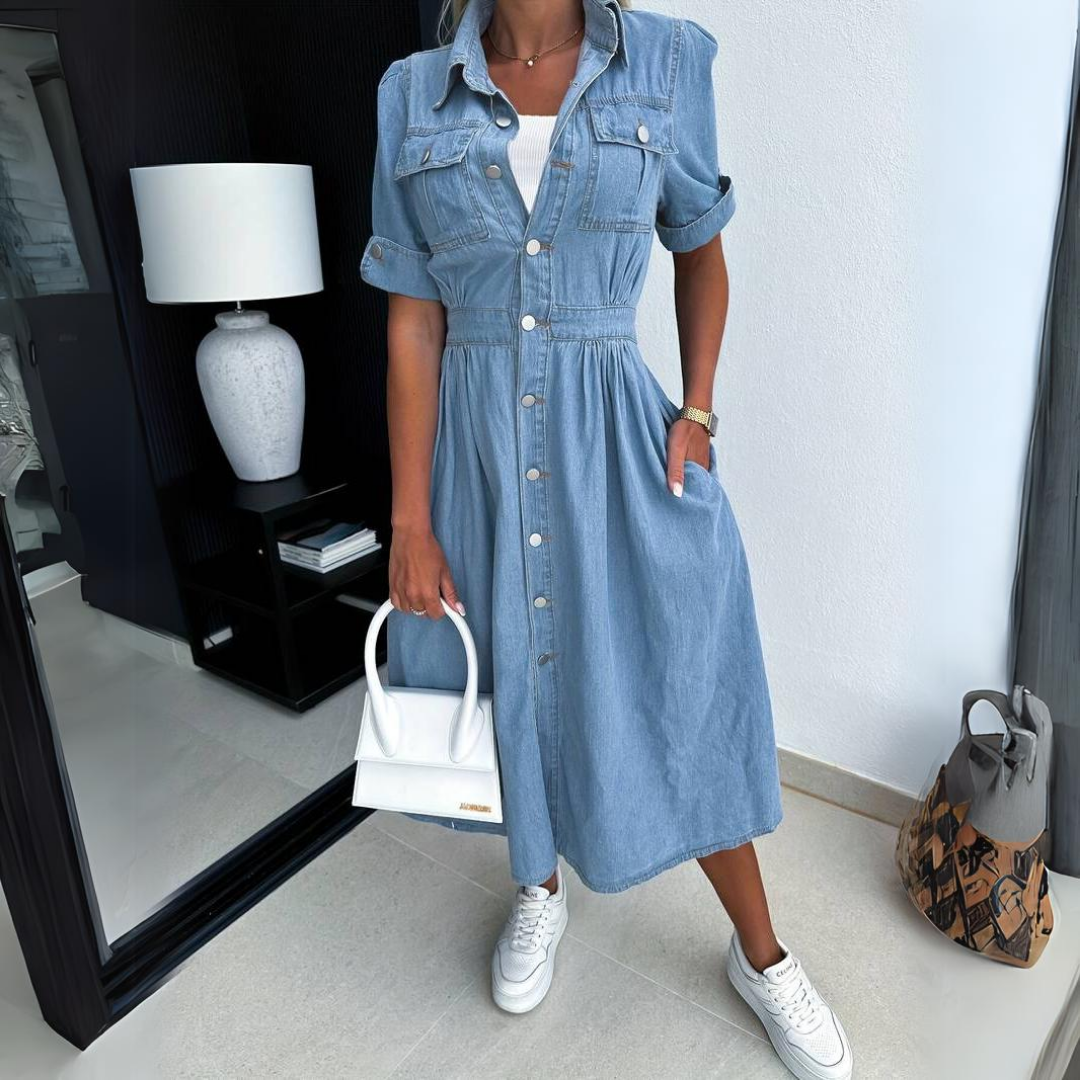 Women's Denim Button Up Midi Dress Short Sleeve