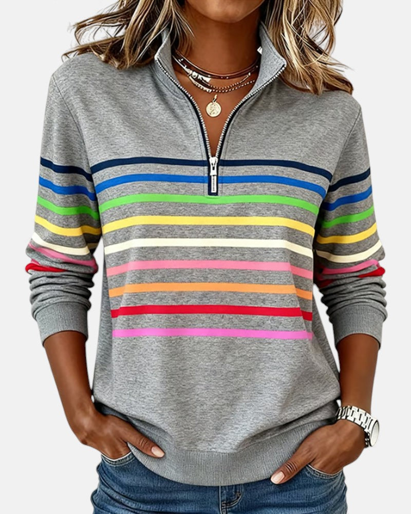 Diane | Women's Striped Half-Zip Sweatshirt with Stand Collar and Long Sleeves