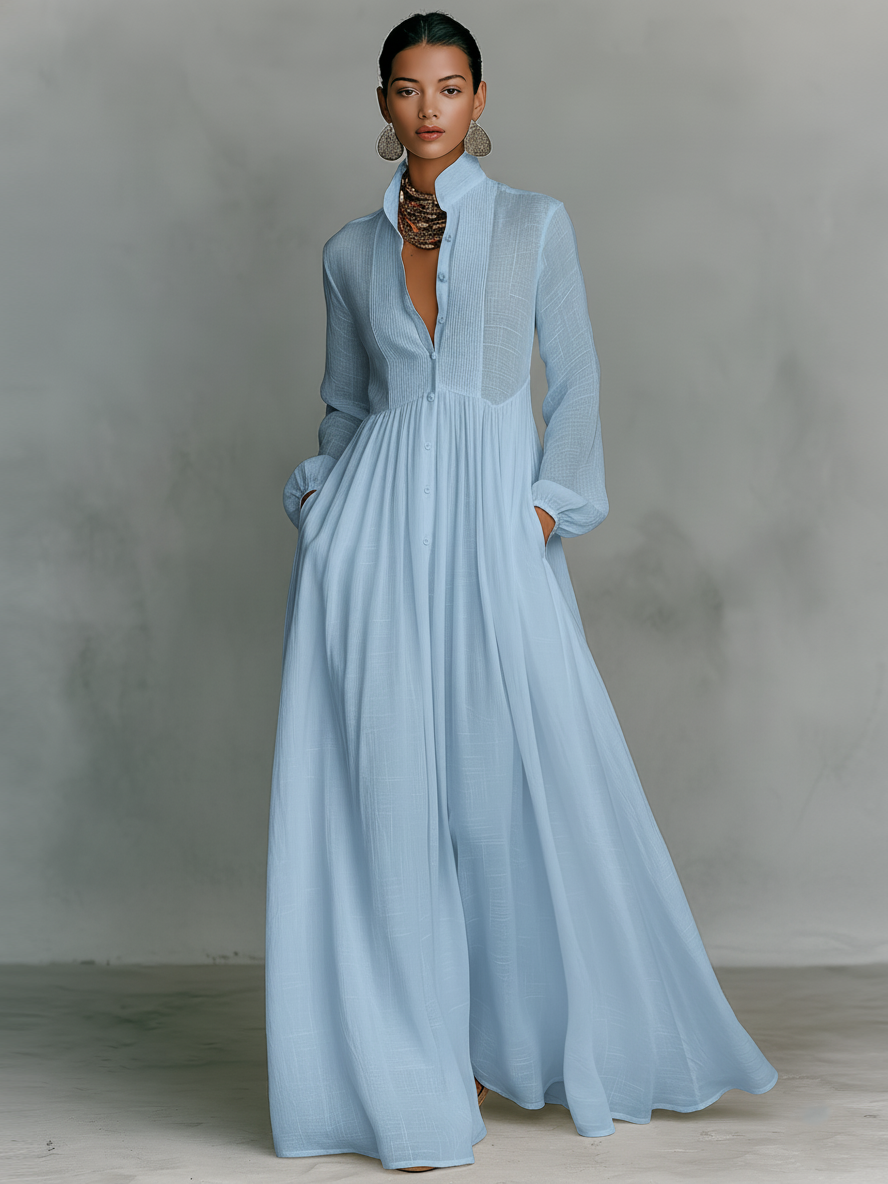 Linnea | Cotton Linen Patchwork Stand Collar Maxi Dress