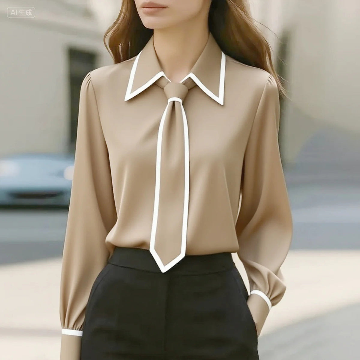 Celine | Women's Contrast-Tie Collared Blouse