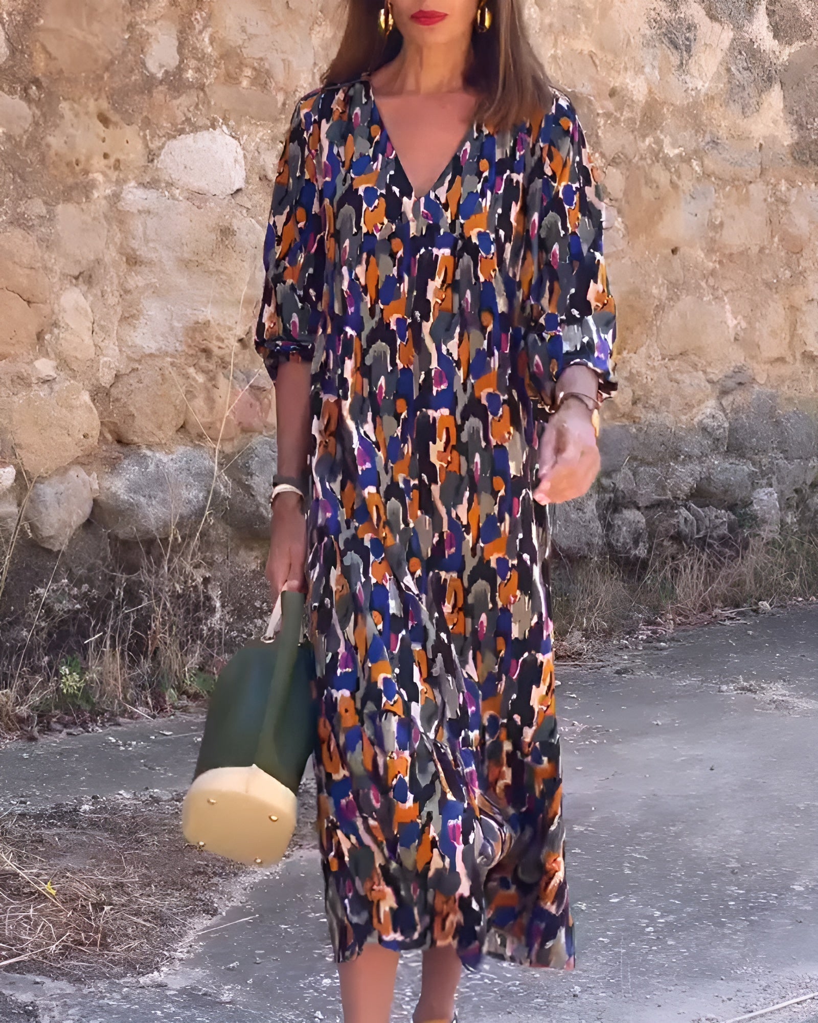 Women's V Neck Ruched Fit Flowy Printed Dress