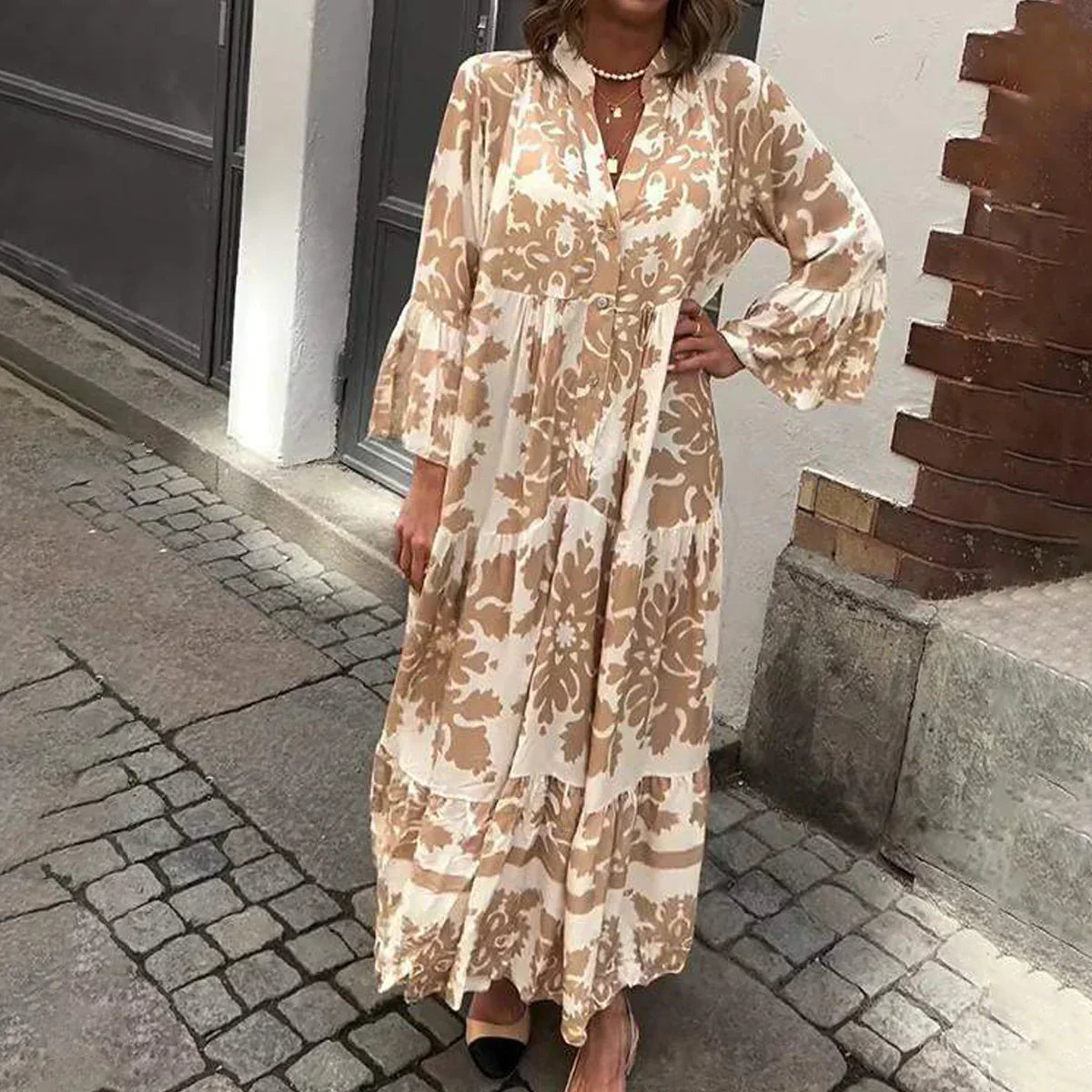 Women's Boho Flowy Printed Draped Maxi Dress