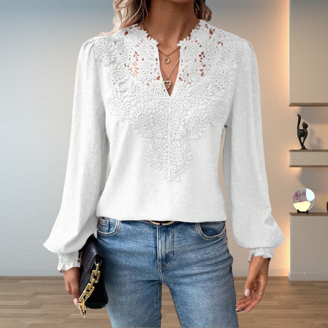Women's V-Neck Lace-Trim Long-Sleeve Blouse