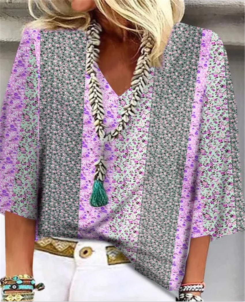 Women's Ditsy Floral Patchwork V Neck 3/4 Sleeve Top