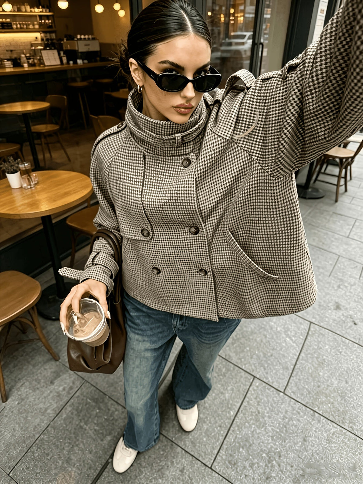Women's Houndstooth Stand-Collar Cropped Jacket