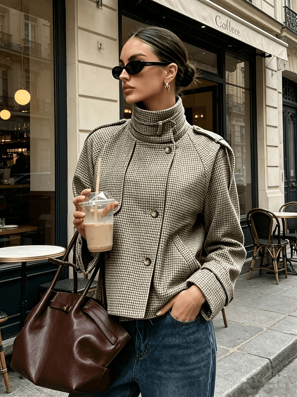 Women's Houndstooth Stand-Collar Cropped Jacket