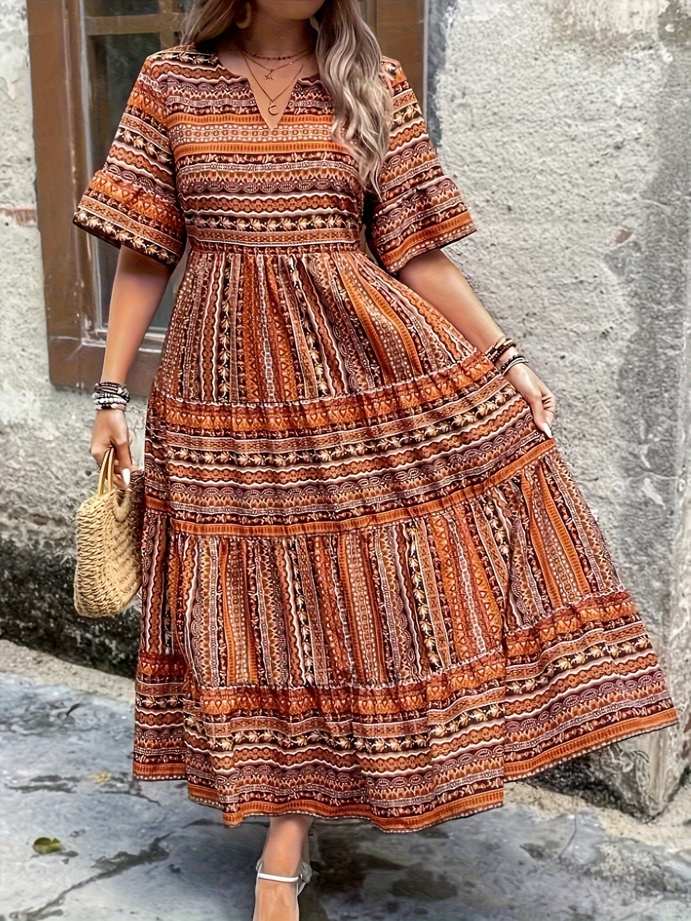 Women's Boho Flowy Printed Draped Dress