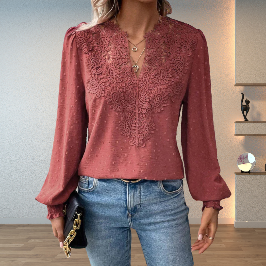 Women's V-Neck Lace-Trim Long-Sleeve Blouse
