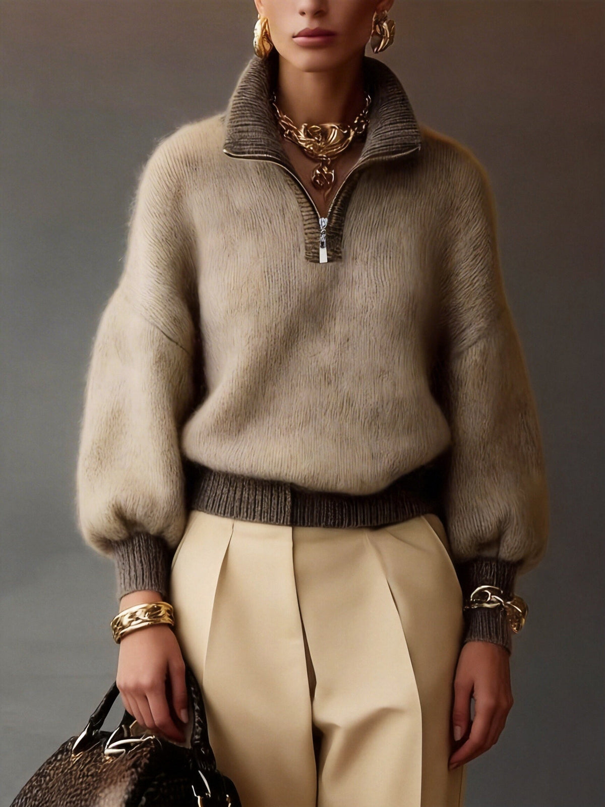 Women's Relaxed Half-Zip Collared Sweater