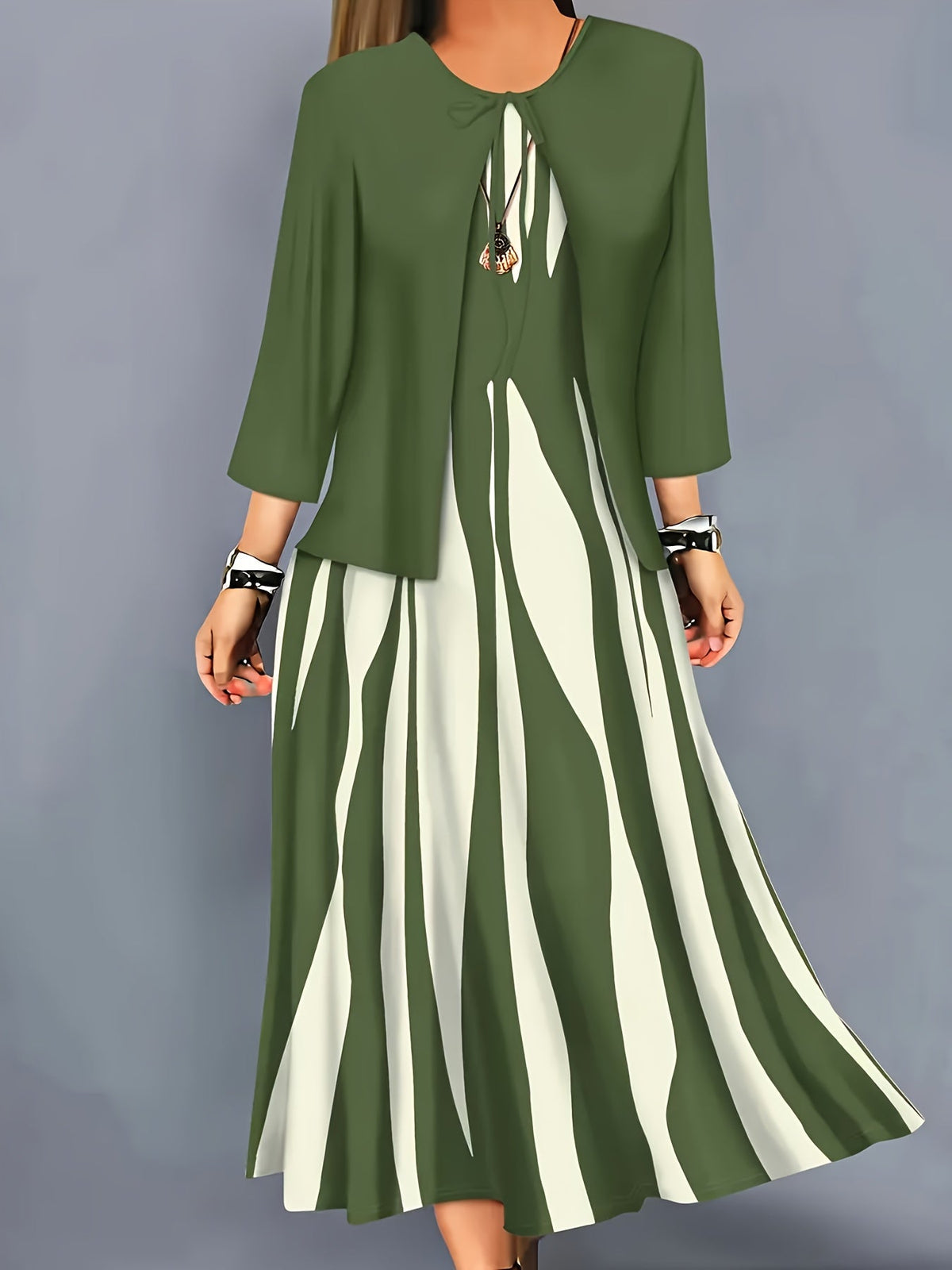 Women's Flowing Midi Dress and Open Jacket Set