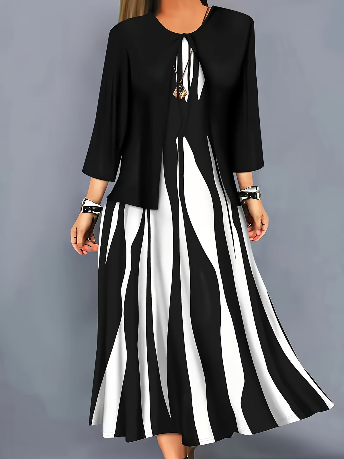 Women's Flowing Midi Dress and Open Jacket Set
