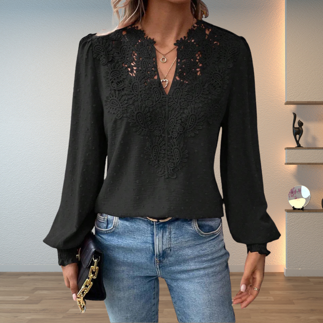Women's V-Neck Lace-Trim Long-Sleeve Blouse