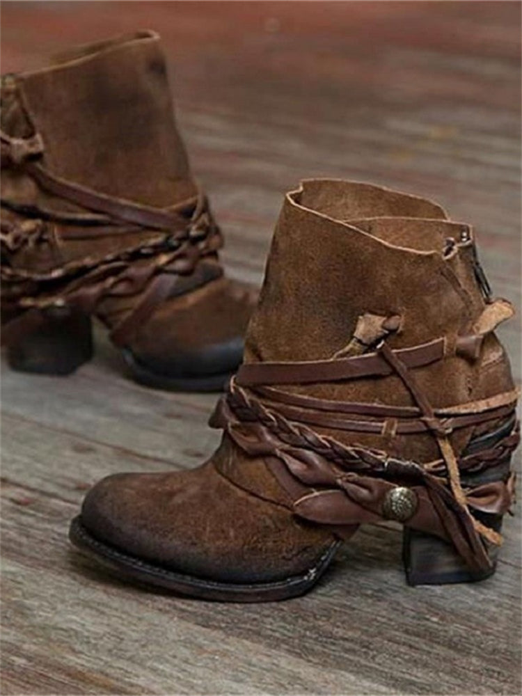 Beverly | Women's Western-Style Lace-Up Ankle Boots with Braided Wrap Detail and Block Heel